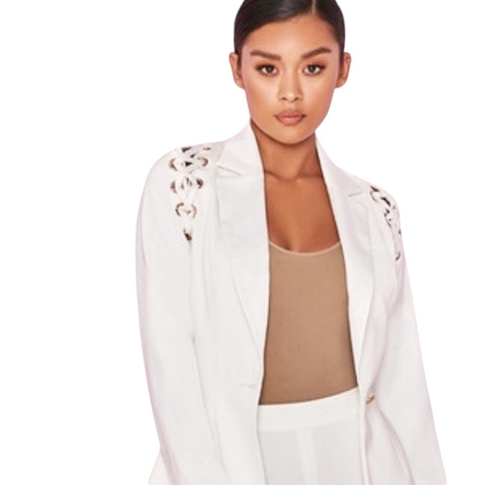 House of CB White Satin Lace Up Shoulder Detail Blazer, Size Medium